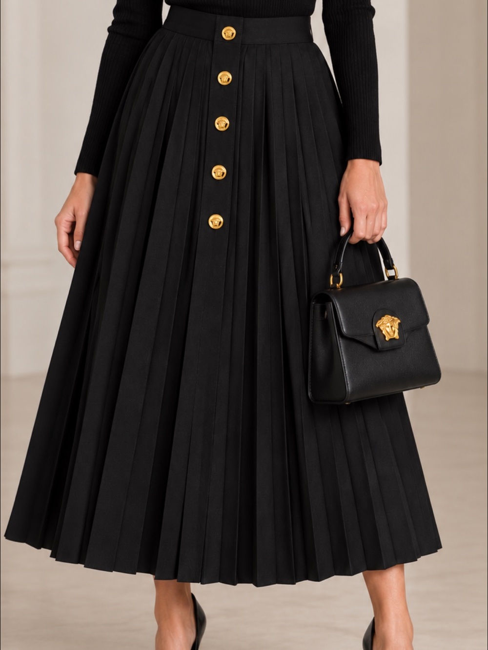 Versace Black Midi Pleated Skirt with Gold Buttons